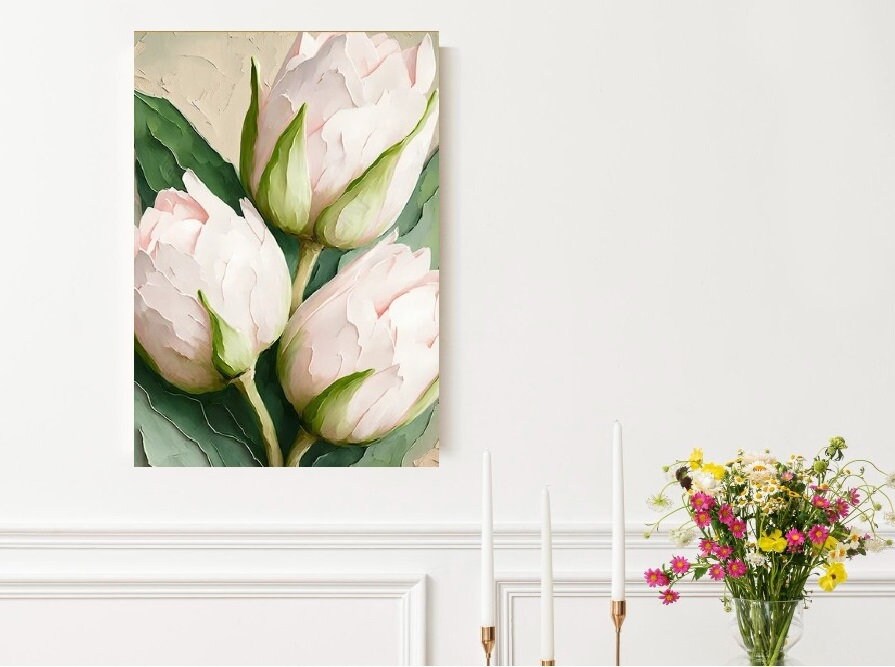 Large floral framed wall art, tulips canvas print in floater frame, vertical oil painting hanging wall decor, printable botanical artwork