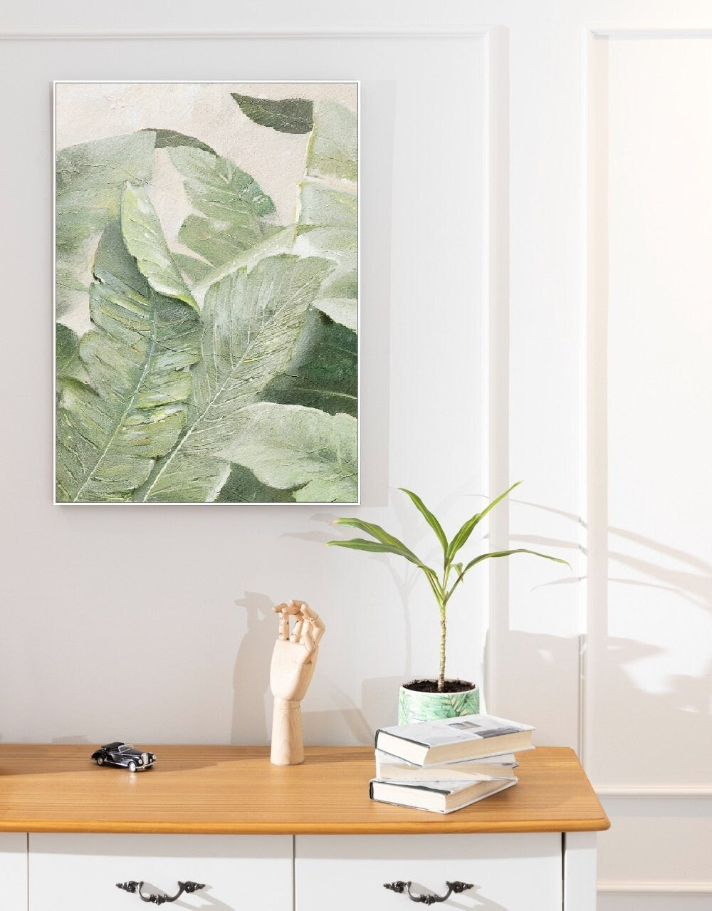 Green leaves wall art, oil painting floating frame hanging wall decor, extra large botanical canvas print, banana leaves living room artwork