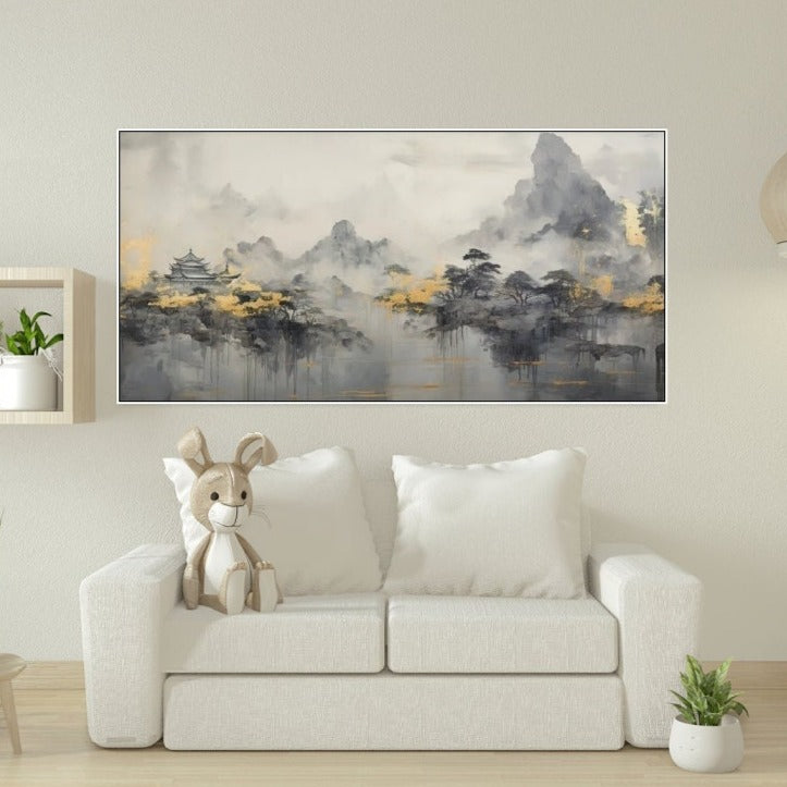 Smoky mountains wall art, floating frame landscape artwork, misty trees canvas print, Japanese hanging wall art, large grey artwork