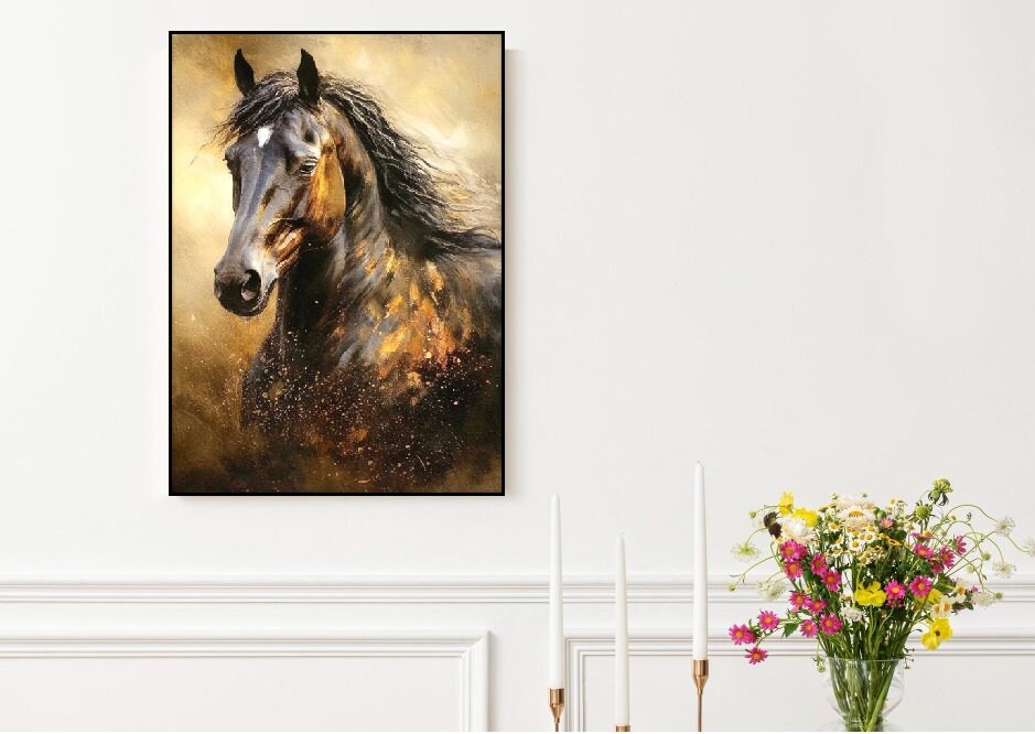 Black horse artwork in floater frame, large animals canvas print, framed dark hanging wall decor, brown black living room wall art