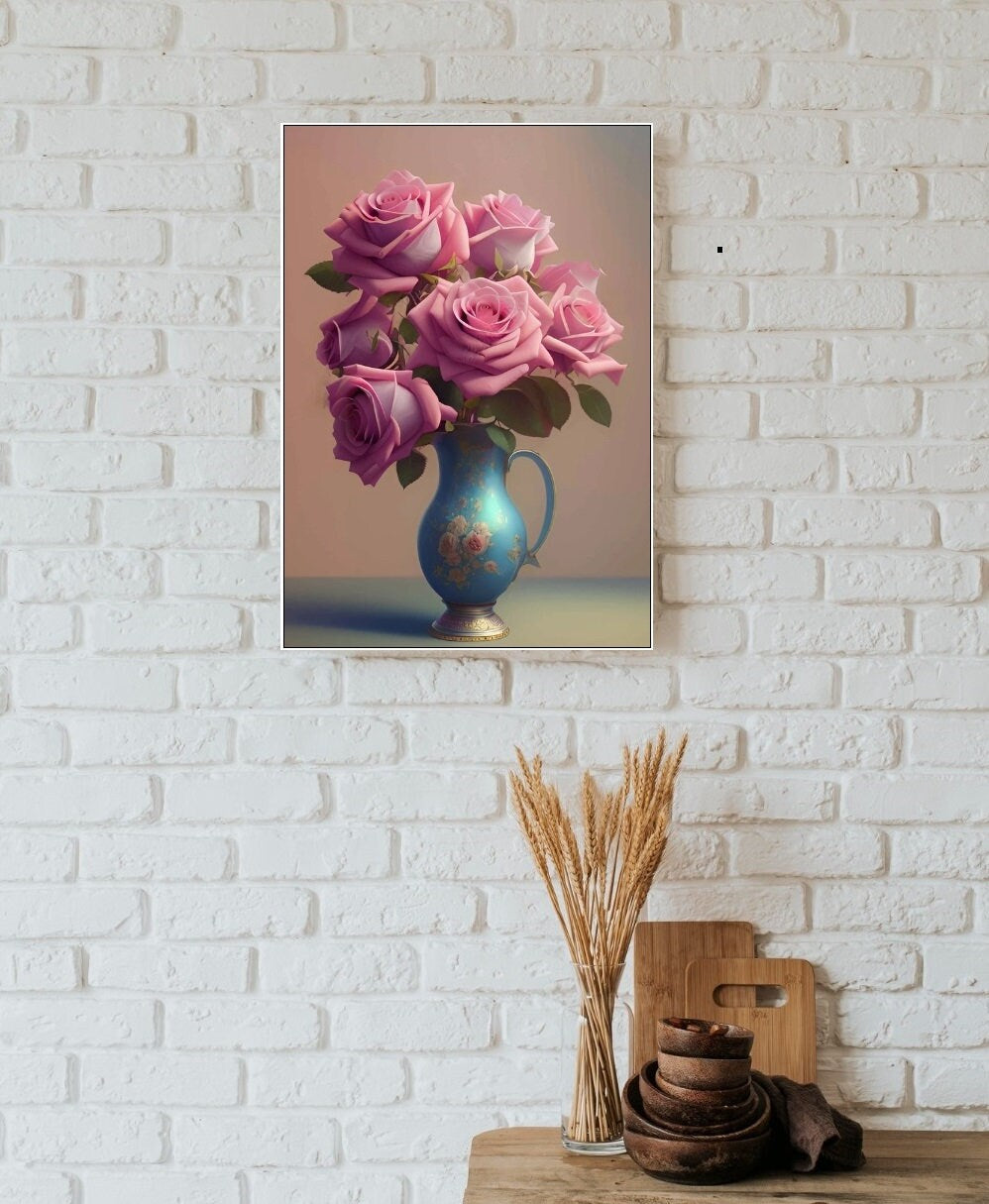 Floral framed canvas print, large pink flowers wall art, floater frame roses wall art, botanical artwork for bedroom, wall art for gift