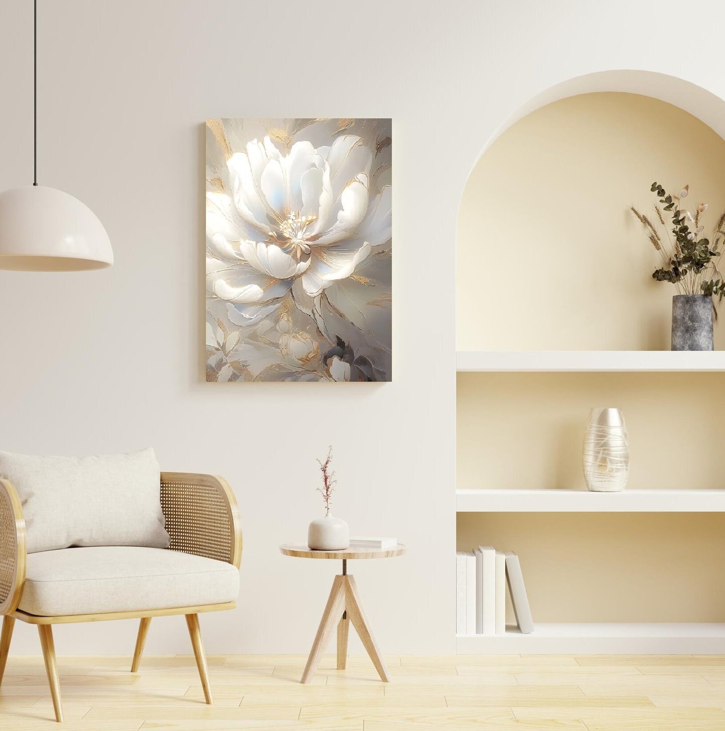 Big flower wall art, large floral canvas print, white wildflower artwork, floating frame oil painting wall art, botanical bedroom artwork