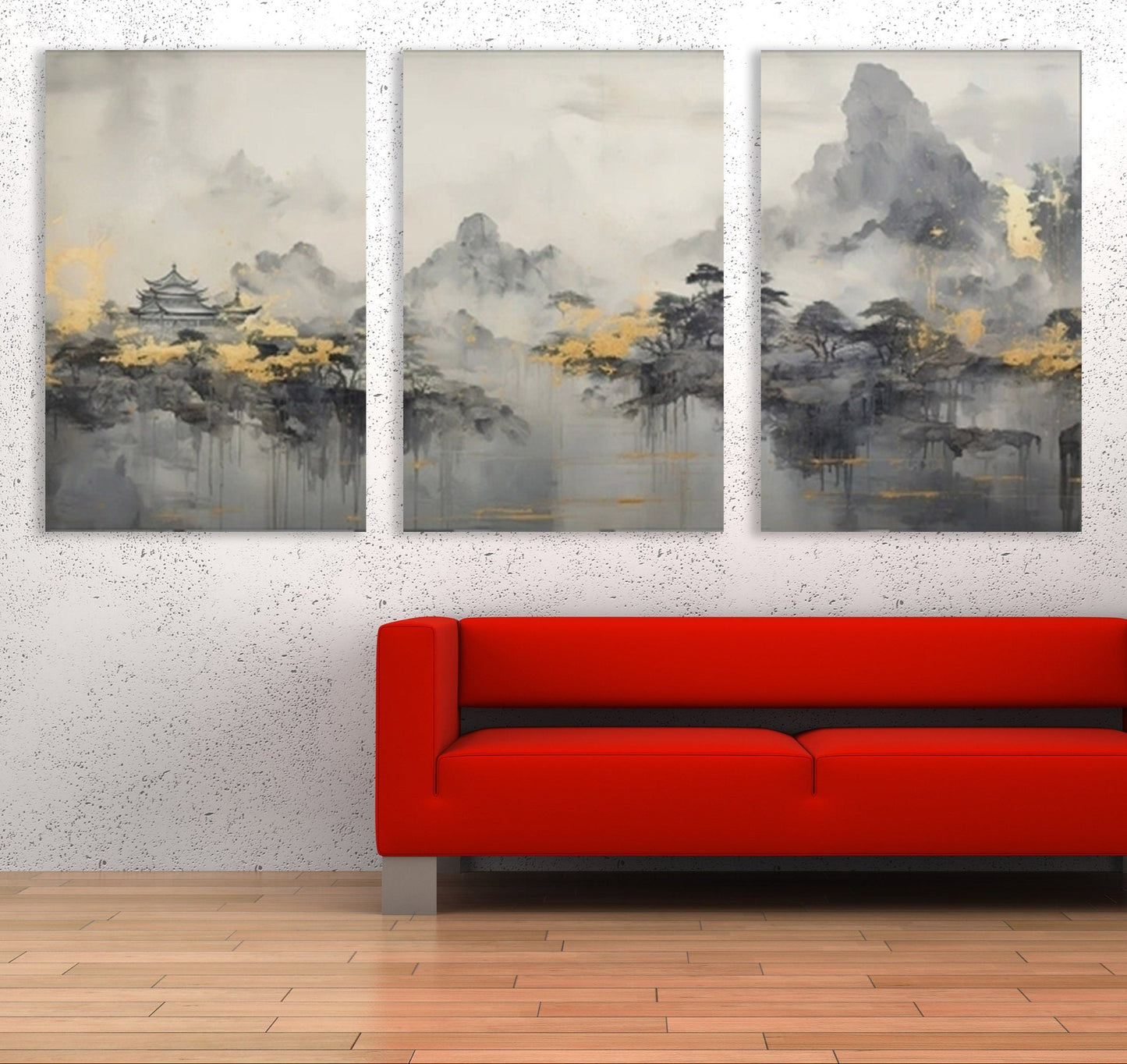 Large landscape wall art, multi piece canvas print, printable Japanese artwork, set of 3 pictures, grey bedroom wall art, artwork for gift