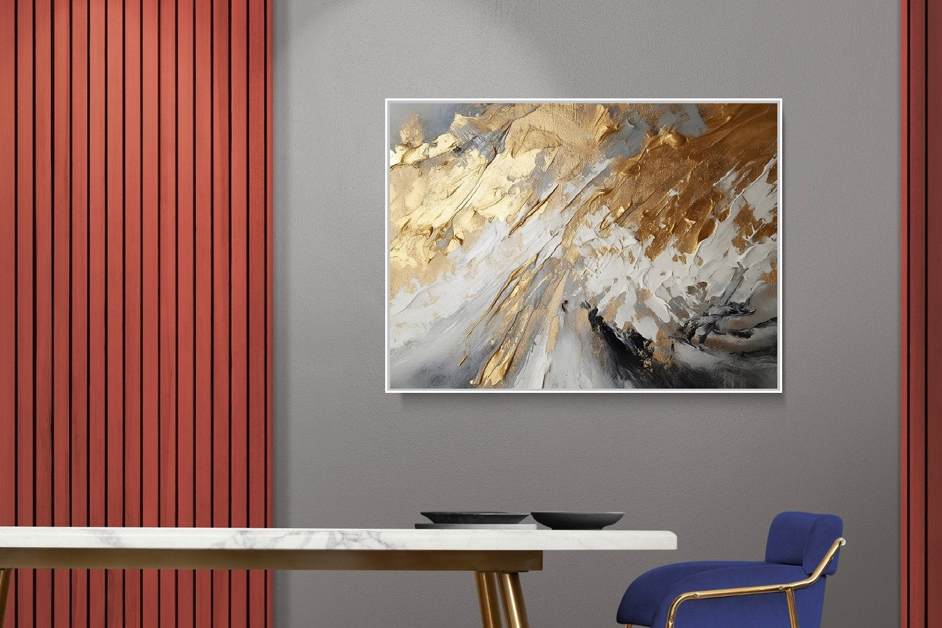 Large abstract wall art, framed contemporary canvas print, gold grey floater frame artwork, oil painting bedroom wall art, modern artwork