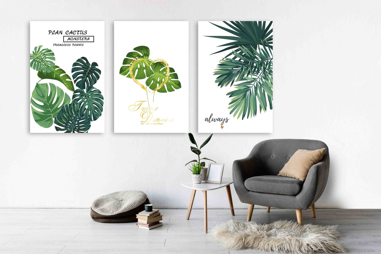 Tropical wall art paintings on canvas, home wall decor, printable wall art set of 3, monstera art custom canvas, botanical wall art