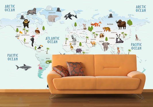 Animal world map World map mural Removable wallpaper Textured wallpaper nursery wallpaper vinyl wallpaper modern wallpaper wall print art