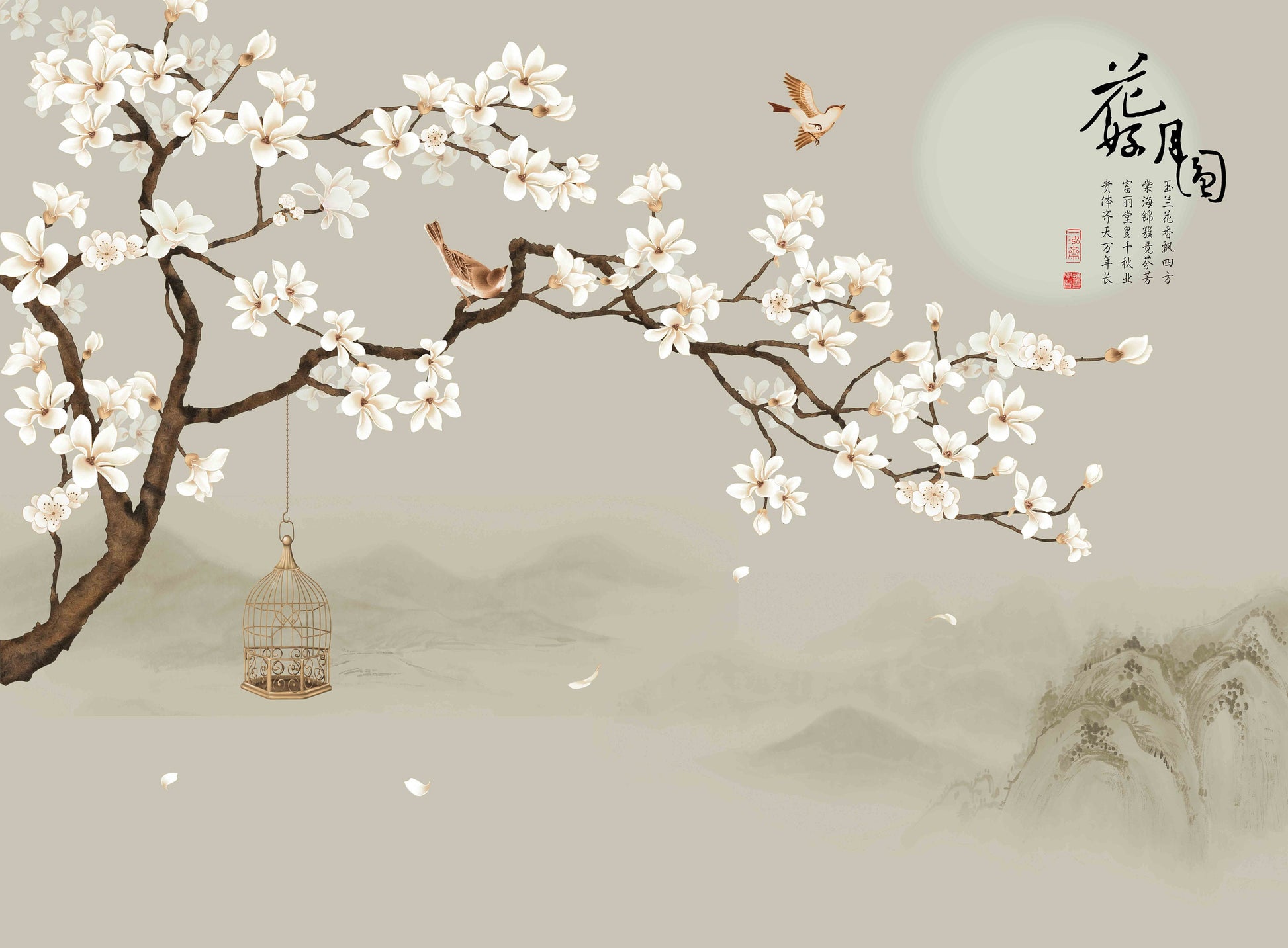 Sakura blossoms Japanese wall art Flowers wallpaper Peel&stick wallpaper Asian wall art Botanical removable wallpaper Chinoiserie wallpaper