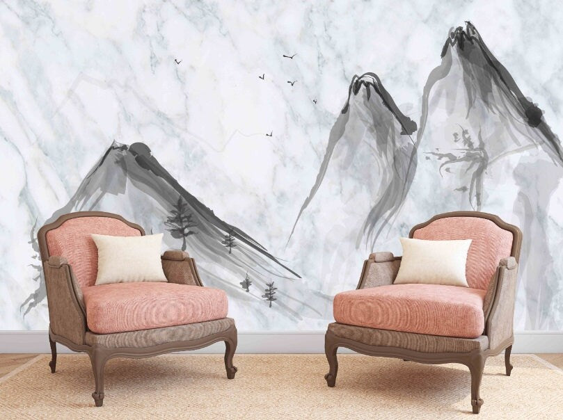 Smoky mountains wall art Marble wallpaper Abstract wallpaper Peel and stick wallpaper removable wallpaper Black and white wallpaper