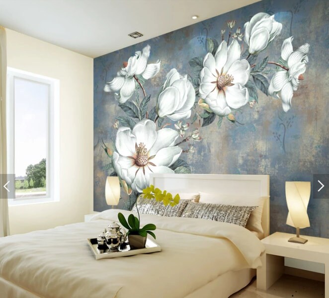 Light blue Flowers wall covering Botanical Peel and stick wall mural removable Floral wall decoration adhesive wallpaper bedroom wall decor