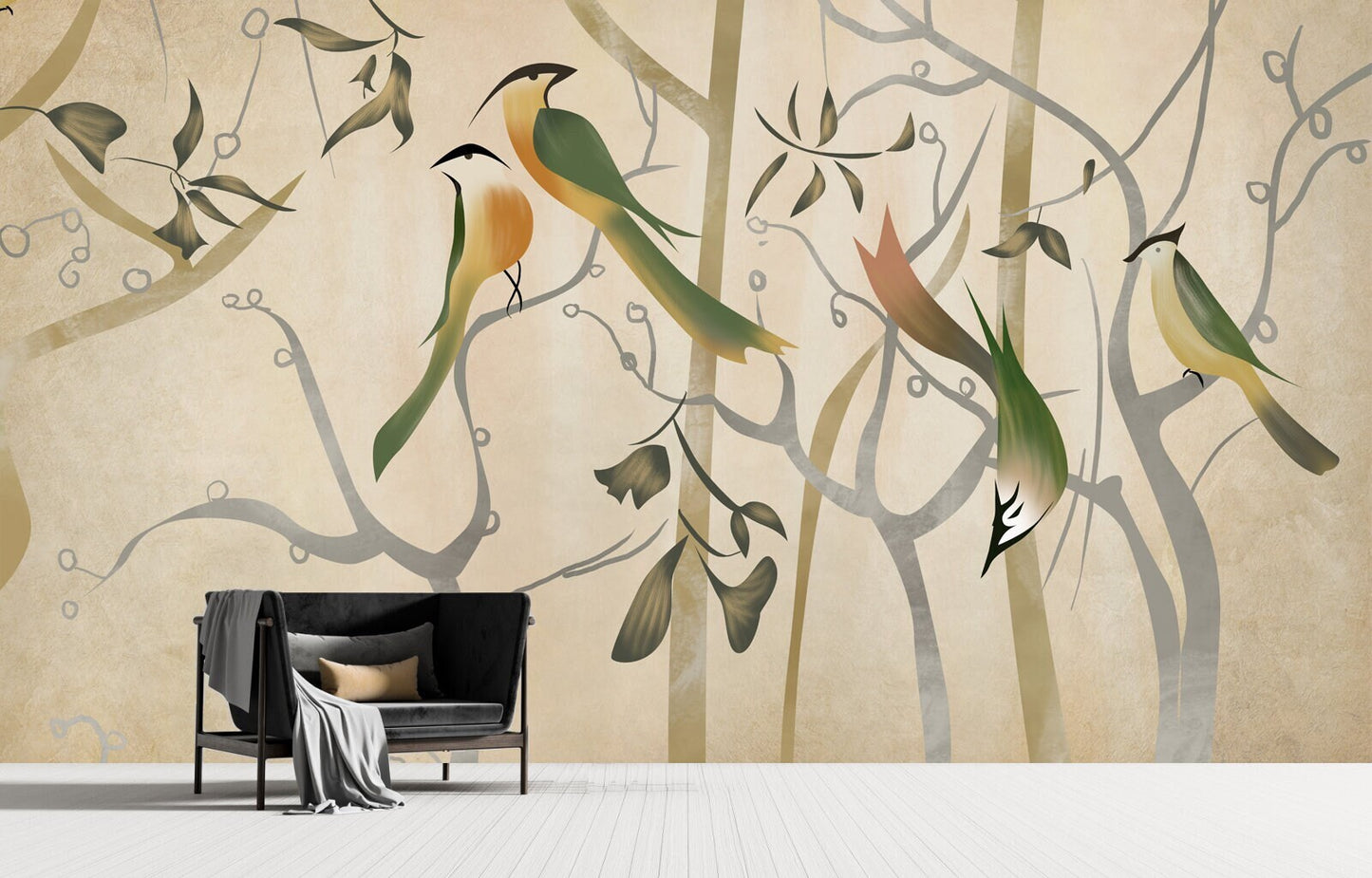 Green wallpaper birds Wallpaper with birds and flowers Chinoiserie painted silk Botanical removable Peel & stick Art deco wallpaper