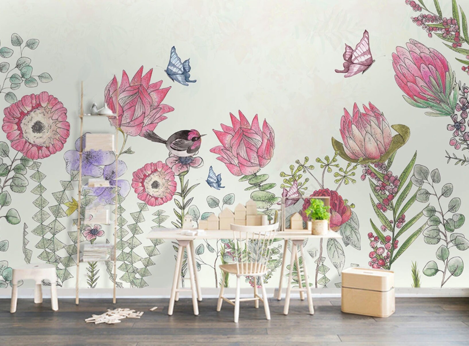 Peel and stick Wallpaper with birds and flowers Flower wall backdrop Peony wallpaper Botanical removable Home wall decor Murals for girls