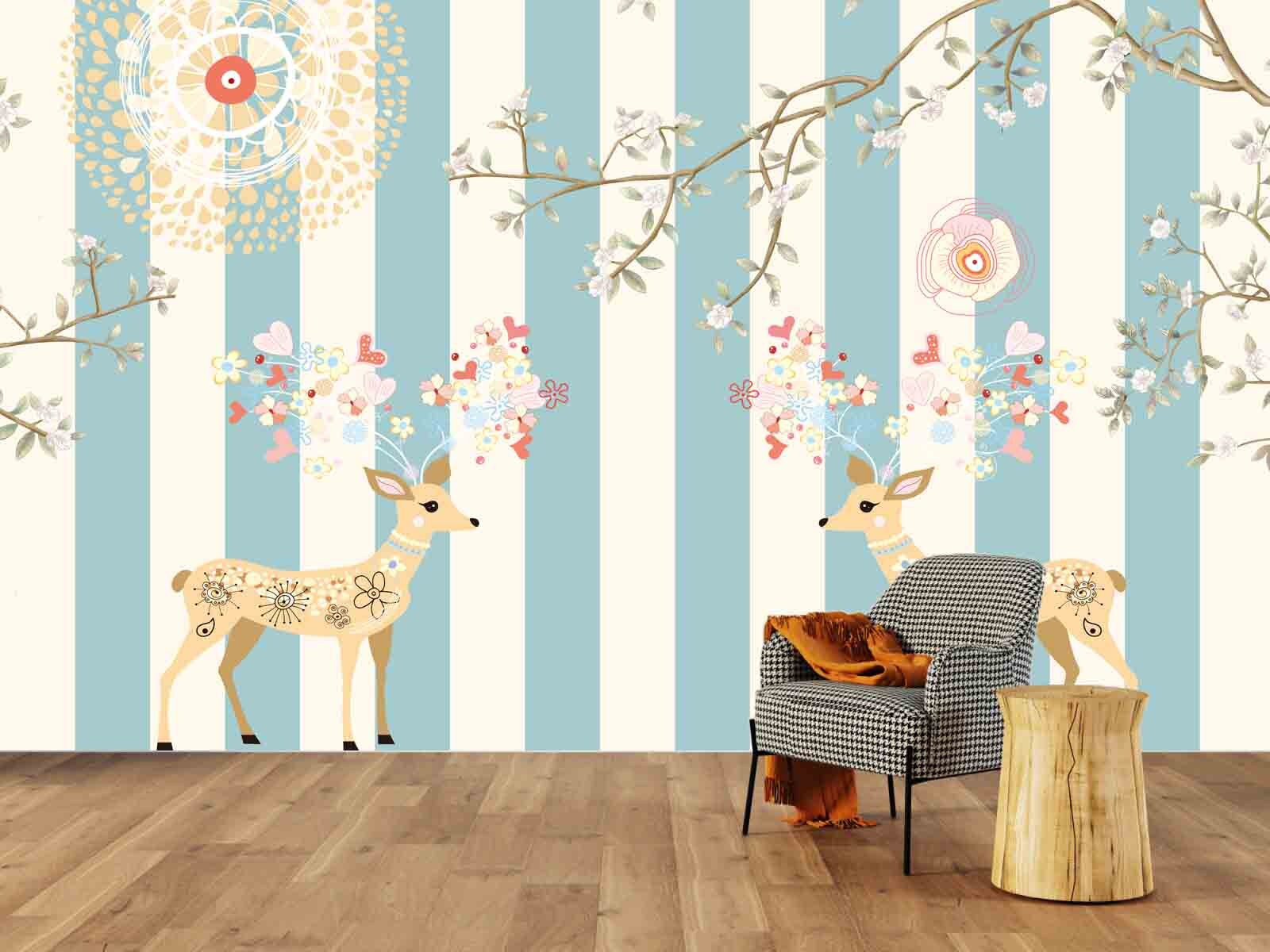 Nursery wallpaper Self adhesive mural Golden deer Home wall decor Peel and stick Giant wall mural Asian wall art Flowers wall mural prints