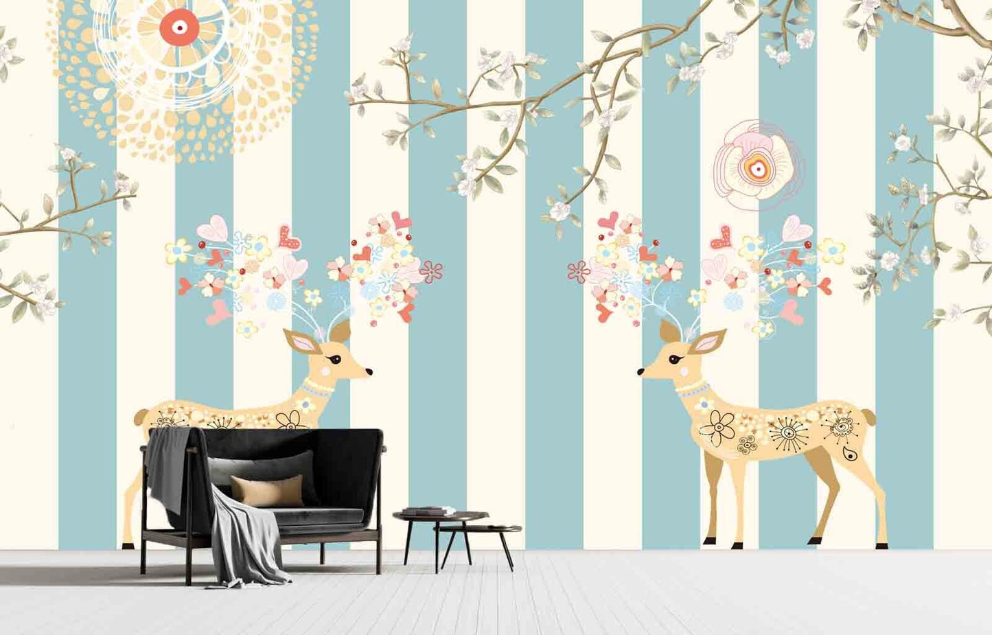 Nursery wallpaper Self adhesive mural Golden deer Home wall decor Peel and stick Giant wall mural Asian wall art Flowers wall mural prints