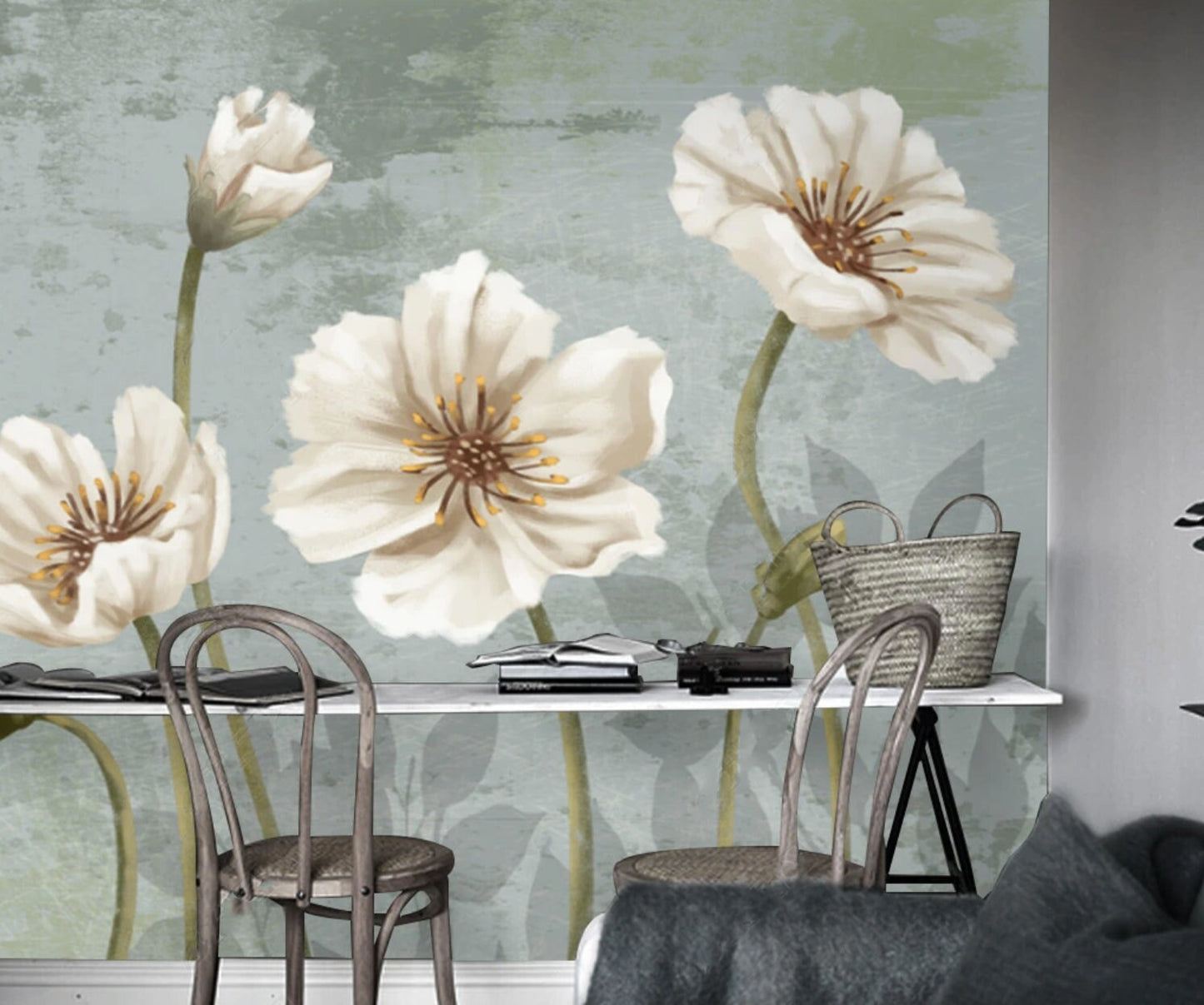 Big flower wallpaper Murals for girls vinyl wall murals prints Peel and stick Botanical removable Herb prints wall art Textured wallpaper