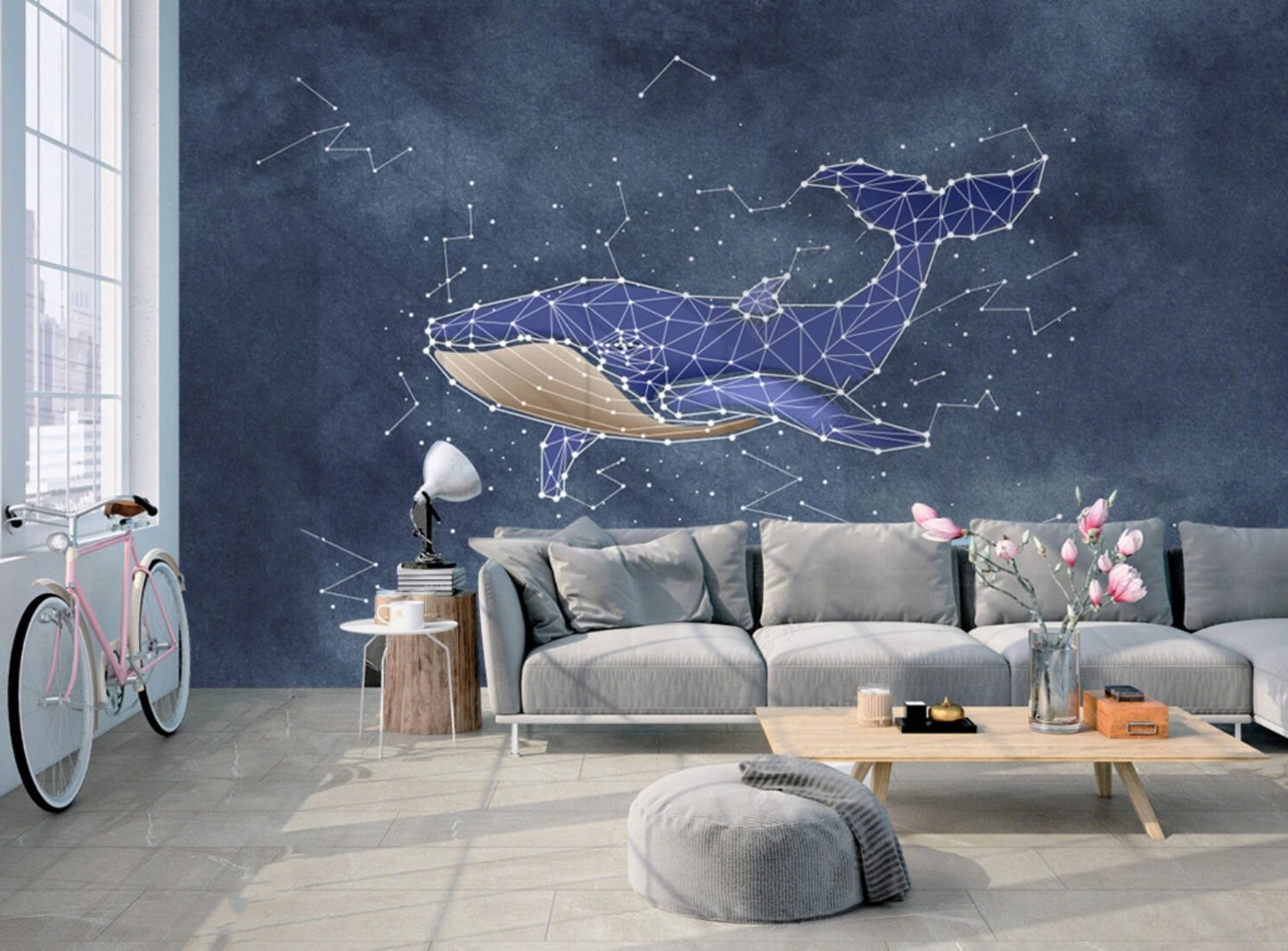 Whale wall art Peel and stick wall mural Modern Removable wall decor Textured fabric vinyl wallpaper abstract wall covering shark poster