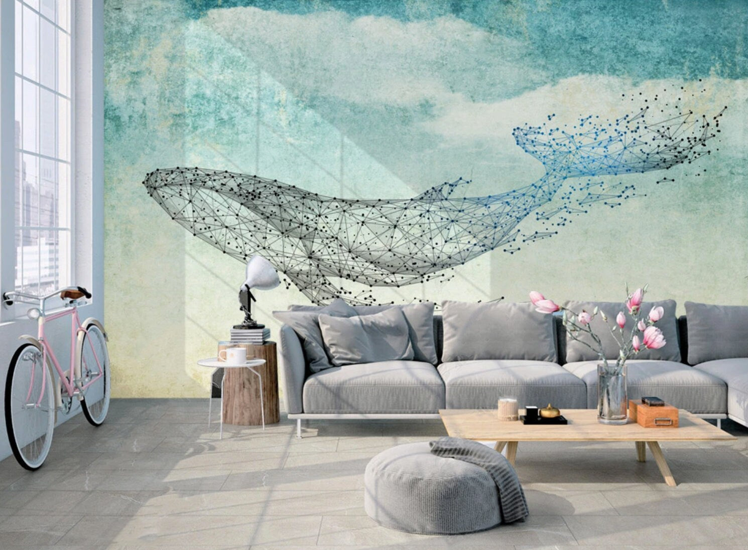 Whale wall art Peel and stick wall mural Modern Removable wall decor Textured fabric vinyl wallpaper abstract wall covering shark poster