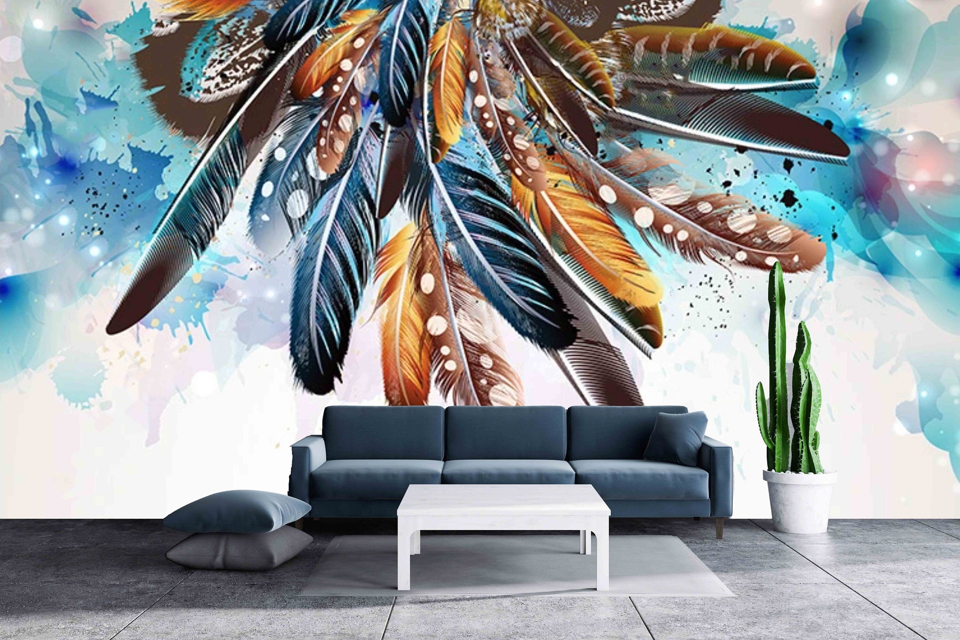 Feather wallpaper peel and stick mural Blue abstract bedroom wallpaper Removable wallpaper Textured wallpaper vinyl wallpaper