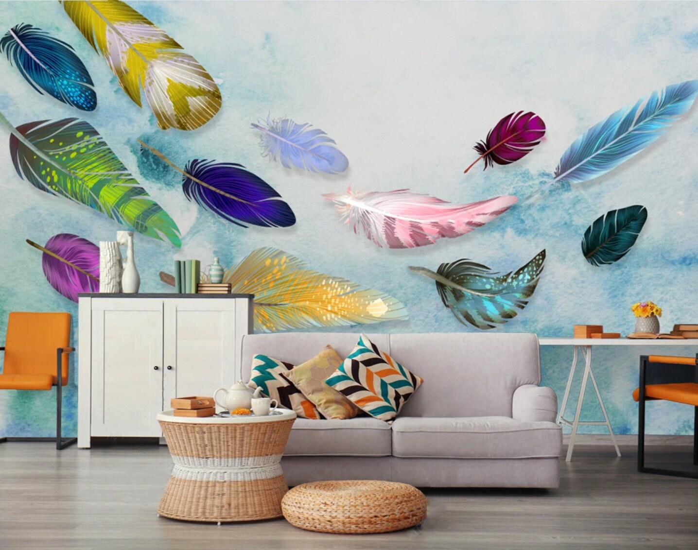 Feather wallpaper peel and stick mural Blue abstract bedroom wallpaper Removable wallpaper Textured wallpaper vinyl wallpaper