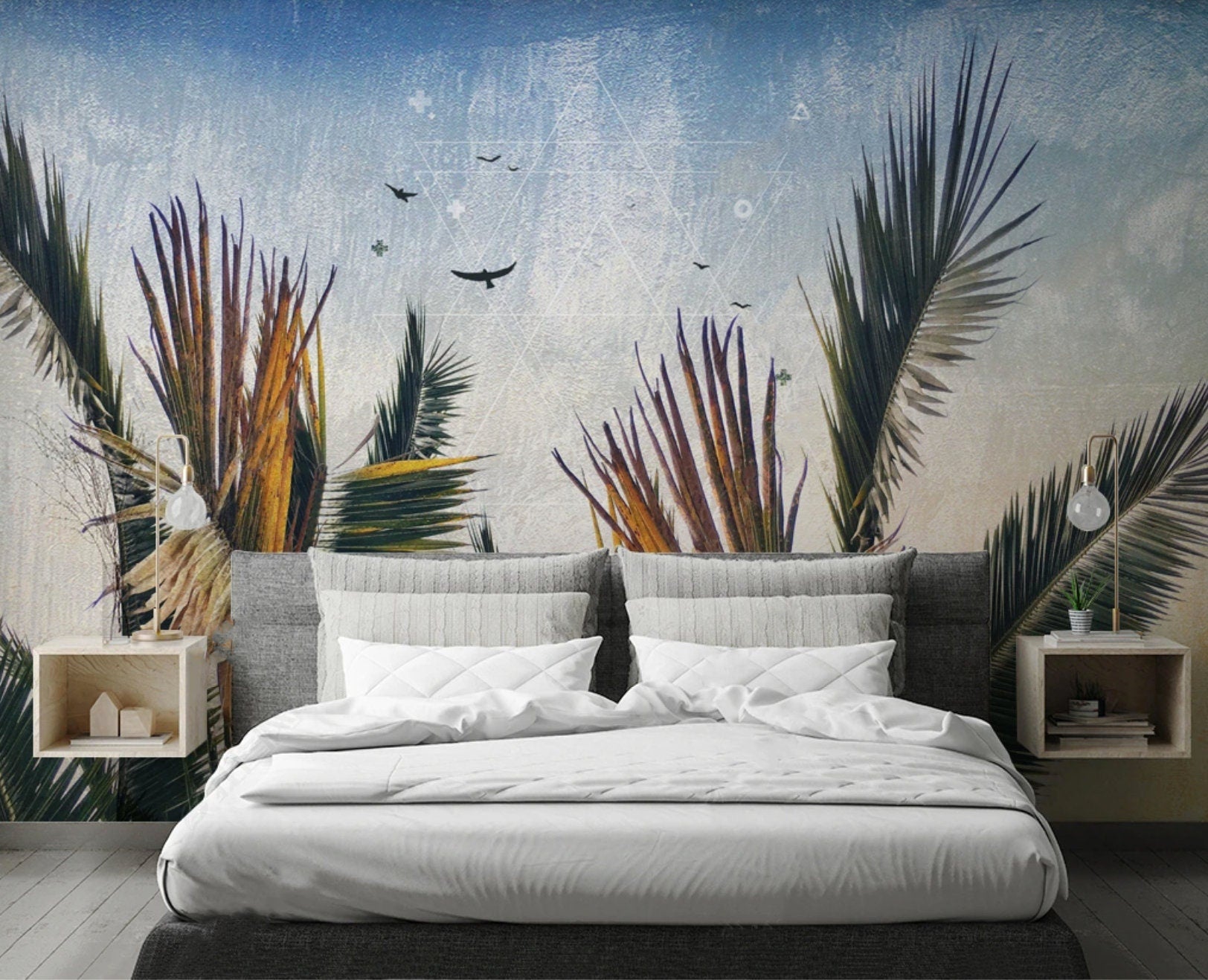 Tropical wallpaper bedroom , palm leaf exotic wallpaper, botanical pattern wallpaper, peel and stick wall mural