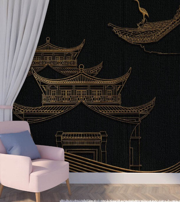 Asian black and gold wallpaper peel and stick wall mural, japanese wallpaper, chinoiserie self adhesivewallpaper, vinyl wall mural prints