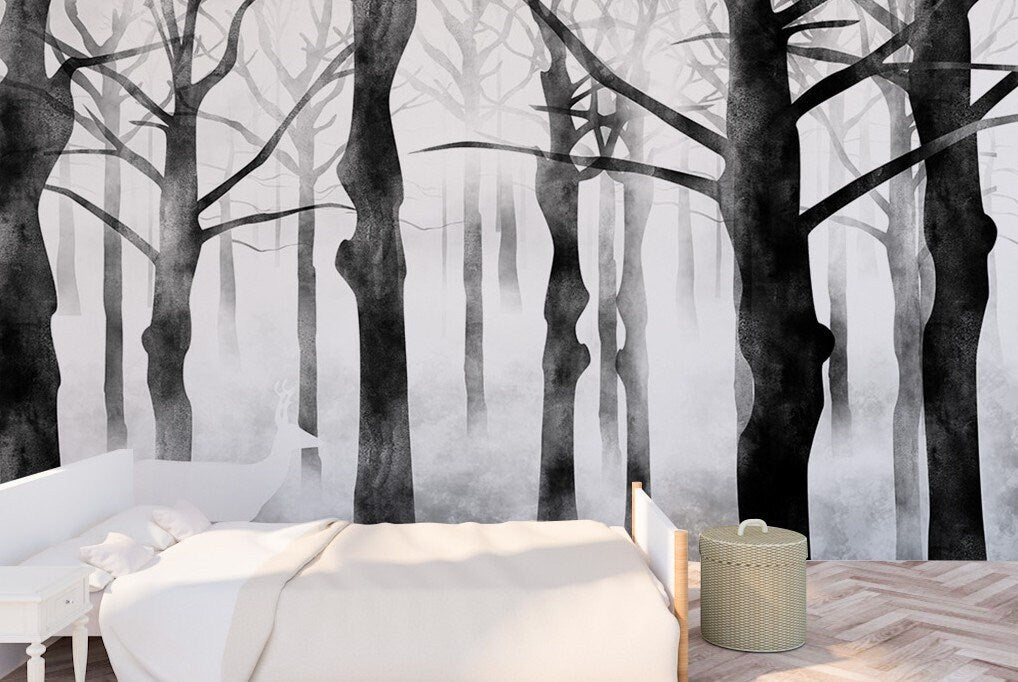 Dark forest photo wallpaper peel and stick wall mural black and white wallpaper for bedroom, living room, kitchen