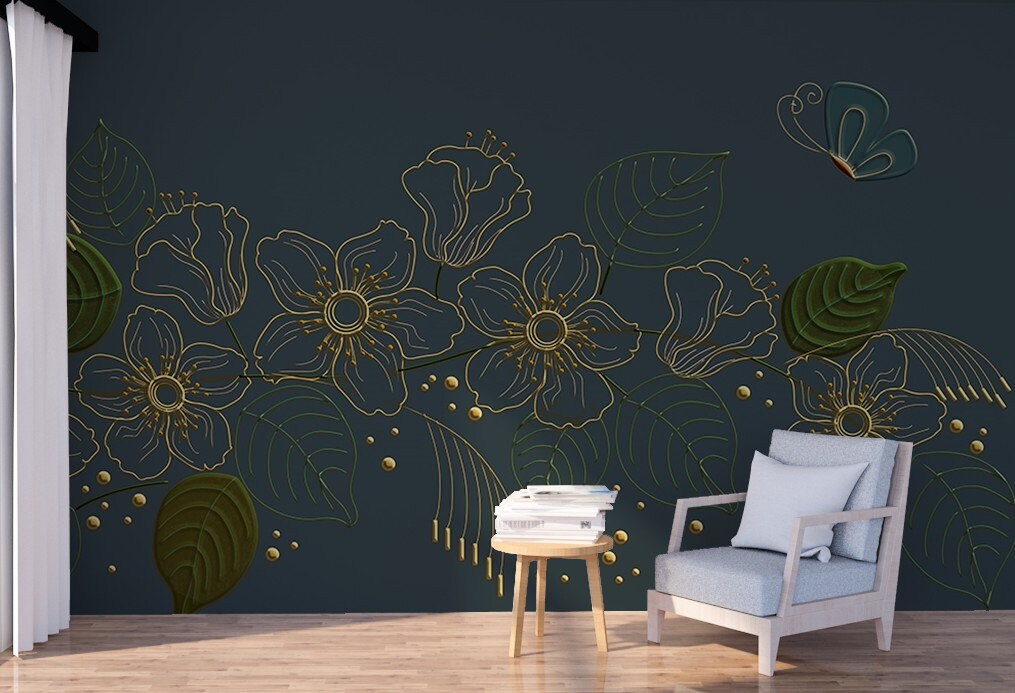 Foral wallpaper peel and stick wall mural, dark wallpaper, flower wall decals vinyl, canvas dark floral wallpaper