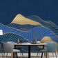 Foggy hills wall mural sticker, blue and gold peel and stick wallpaper, abstract wallpaper, modern mountain vinyl mural, canvas wallpaper