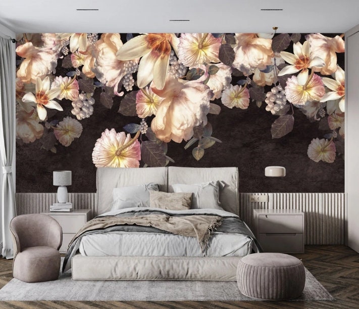 Dark floral wallpaper peel and stick wall mural, peony wall mural, flowers wallpaper for bedroom, living room