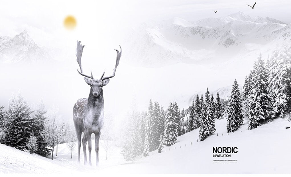 Black white peel and stick wallpaper, nature mural with deer in the forest, temporary self adhesive living room canvas wall decor