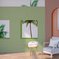 Tropical abstract peel stick mural, large palm rtee self adhesive wall mural, green and pink temporary canvas wallpaper, trendy vinyl mural