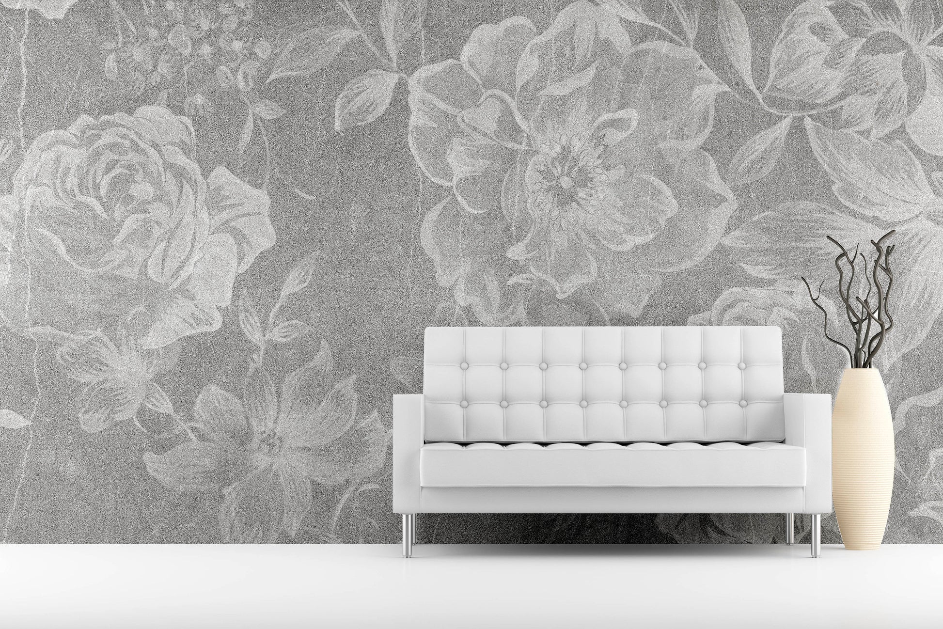 Large flowers grey white wallpaper, peel and stick floral wall mural, accentual self adhesive flowers photo mural, removable roses mural