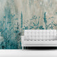 Botanical self adhesive wallcovering, large peel and stick grass wallpaper, accentual blue white wall decal, removable canvas wall mural