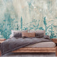 Botanical self adhesive wallcovering, large peel and stick grass wallpaper, accentual blue white wall decal, removable canvas wall mural