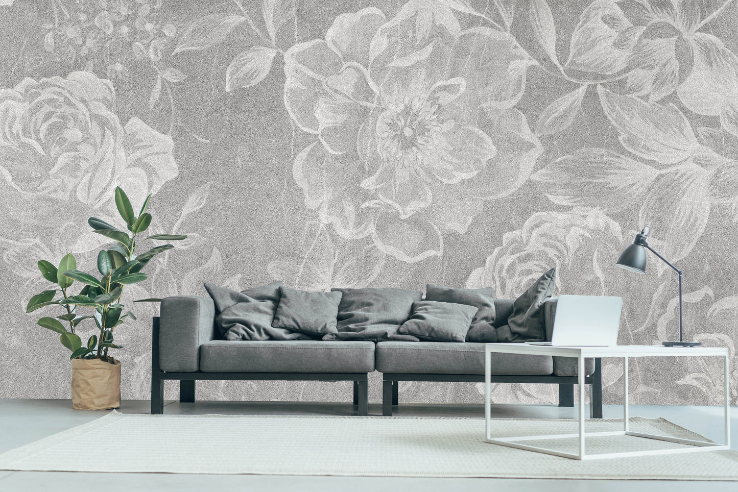 Large flowers grey white wallpaper, peel and stick floral wall mural, accentual self adhesive flowers photo mural, removable roses mural