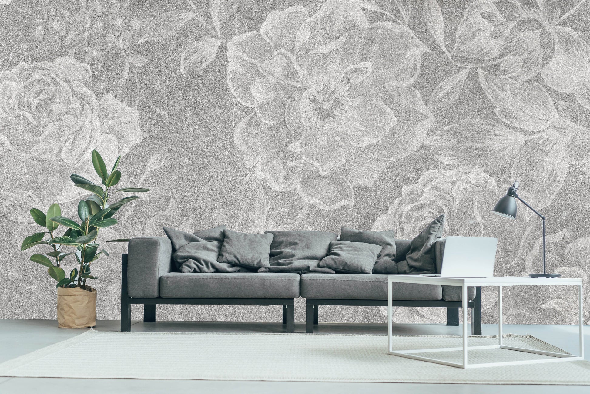 Large flowers grey white wallpaper, peel and stick floral wall mural, accentual self adhesive flowers photo mural, removable roses mural