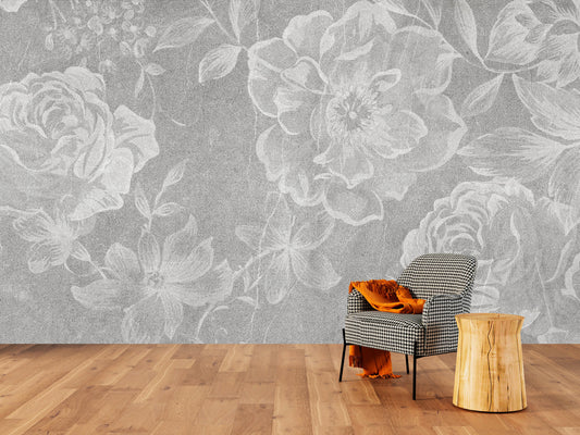 Large flowers grey white wallpaper, peel and stick floral wall mural, accentual self adhesive flowers photo mural, removable roses mural