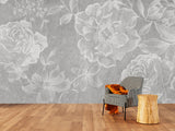 Large flowers grey white wallpaper, peel and stick floral wall mural, accentual self adhesive flowers photo mural, removable roses mural