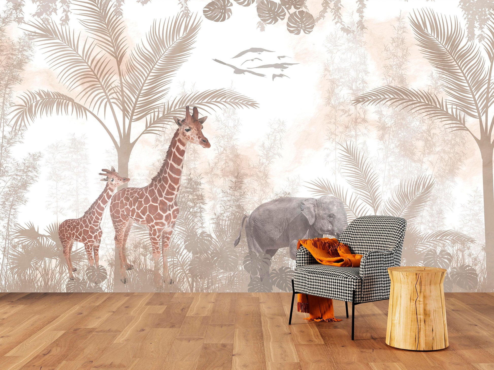 Tropical peel and stick wallpaper, large self adhesive nursery wall mural, accentual botanical kids photomural, removable animals wallpaper