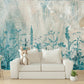 Botanical self adhesive wallcovering, large peel and stick grass wallpaper, accentual blue white wall decal, removable canvas wall mural