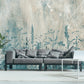 Botanical self adhesive wallcovering, large peel and stick grass wallpaper, accentual blue white wall decal, removable canvas wall mural