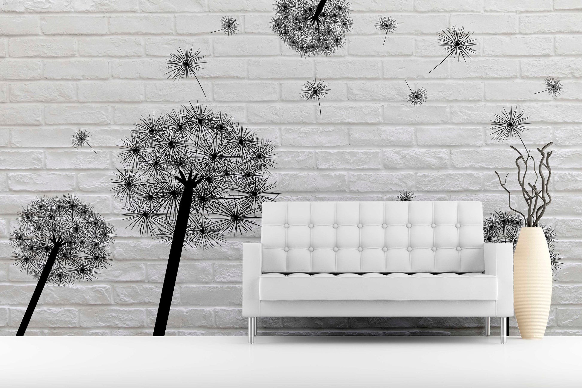 Large floral peel and stick wallpaper, black white self adhesive wall mural, accentual loft wall decal, removable dandelion wallcovering