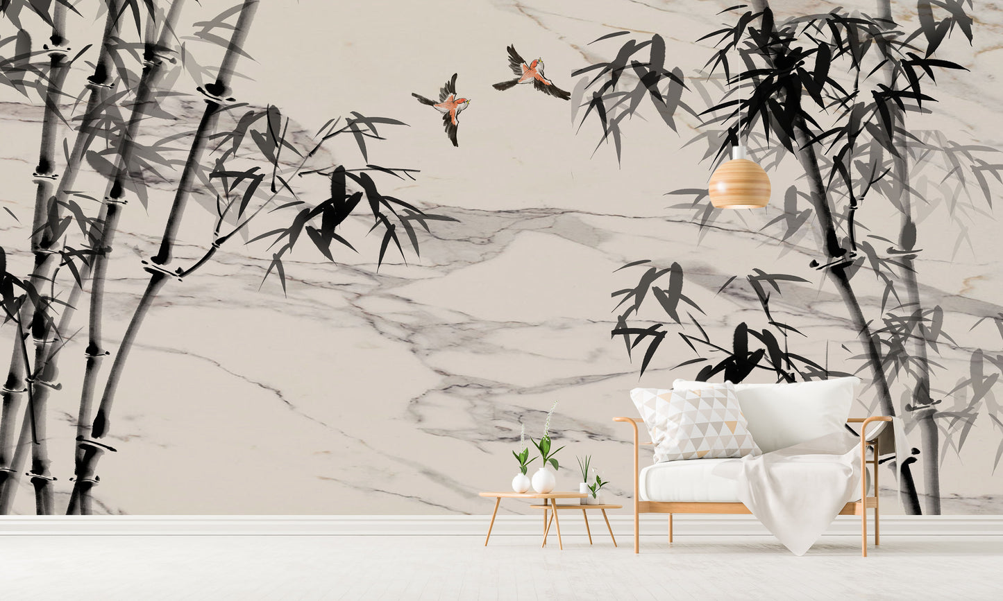 Botanical self adhesive wallpaper, peel stick wall mural with bamboo, accentual asial style wallcovering, removable black white wallpaper