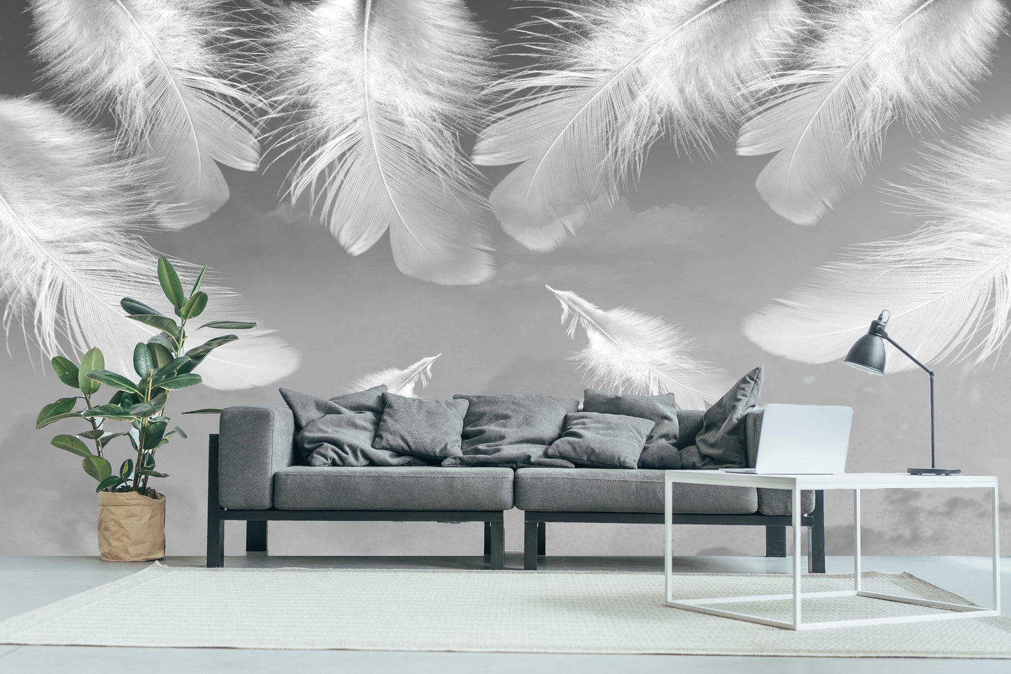 Large feathers peel and stick wall mural, self adhesive white grey wallpaper, accentual abstract wallcovering, removable canvas wallpaper