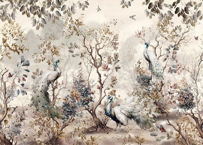 Botanical self adhesive wallpaper, peel and stick wall mural with peacocks, large accentual nature wallpaper, removable canvas wall mural