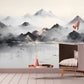 Smoky mountains self adhesive wallpaper, extra large landscape wall mural, astract peel and stick wallpaper, temporary white black mural