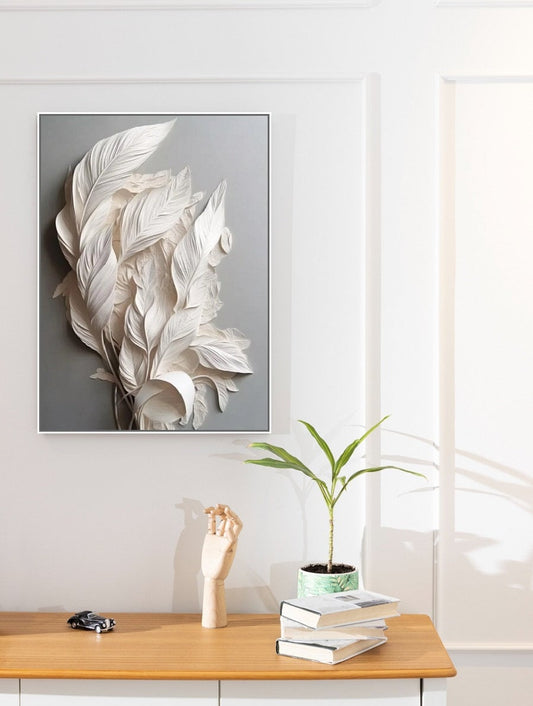 3d feathers canvas print, framed volumetrical wall art, white feathers artwork, large modern wall art, floater frame living room wall art