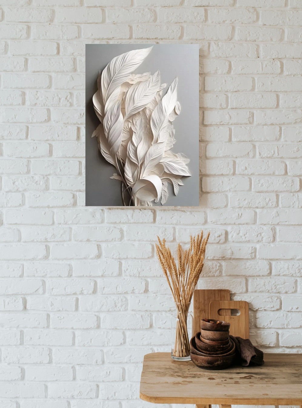 3d feathers canvas print, framed volumetrical wall art, white feathers artwork, large modern wall art, floater frame living room wall art